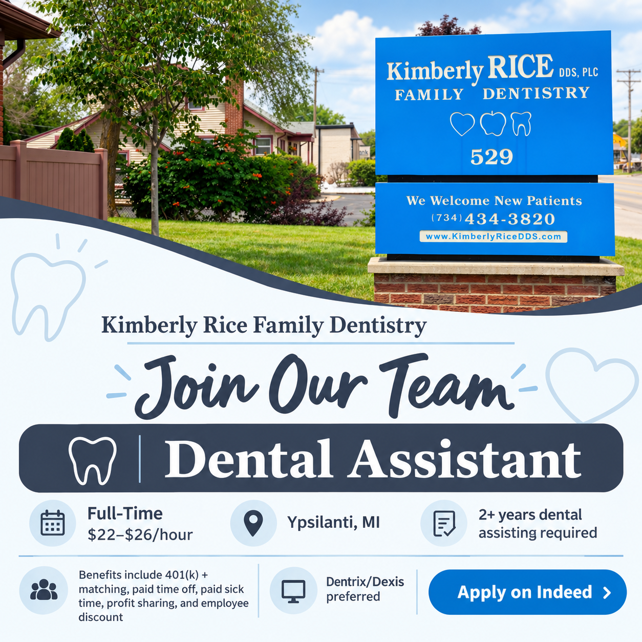 Join our team: Kimberly Rice Family Dentistry is hiring a full-time Dental Assistant in Ypsilanti, MI. Apply on Indeed.